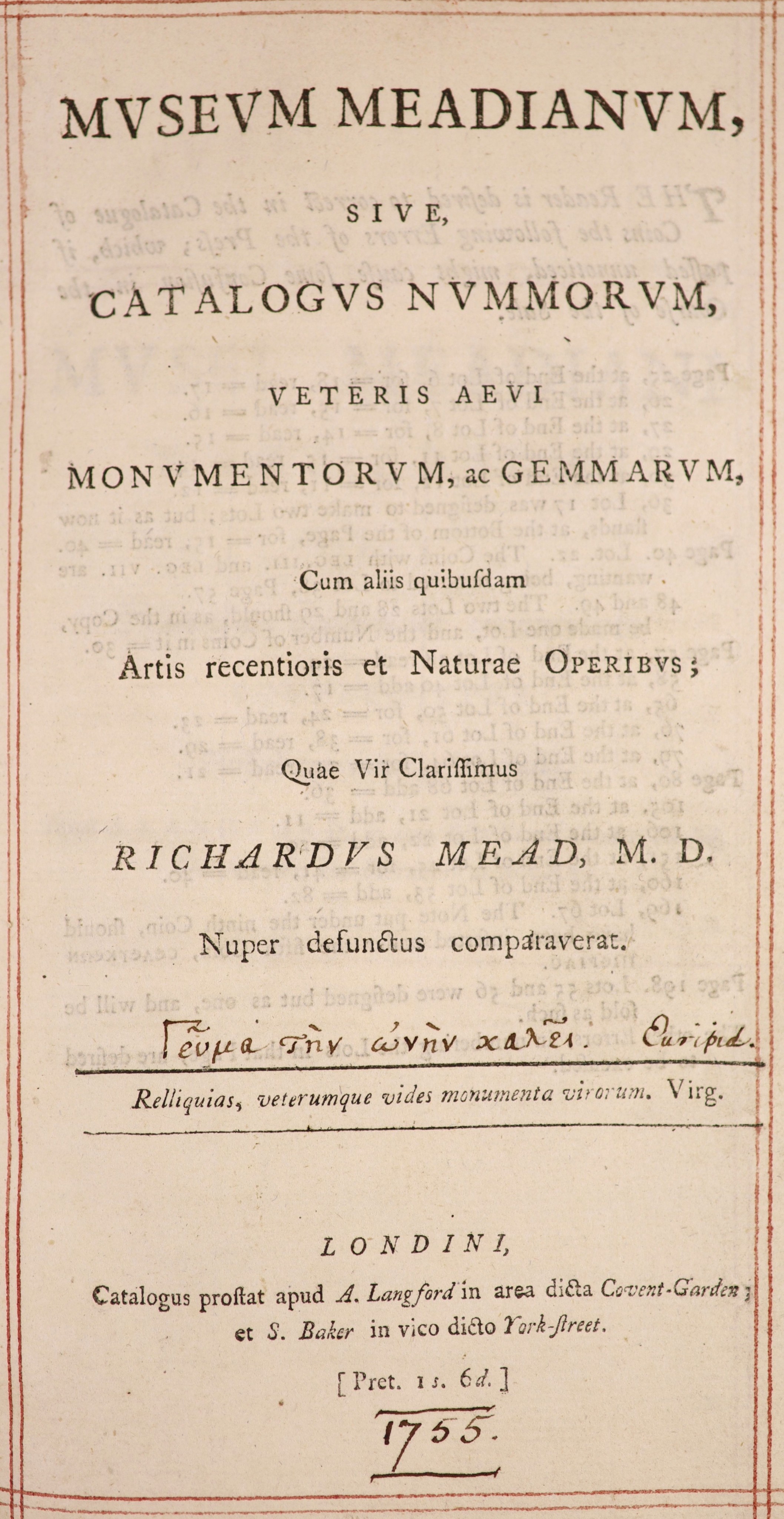 [Mead, Richard] Museum Meadianum, sive, Catalogus Nummorum, veteris aevi Monumentorum, Gemmarum ...